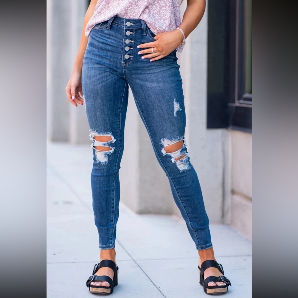 Judy Blue Button Fly High Waist Dark Distressed Women Jeans 88477 size 14W plus